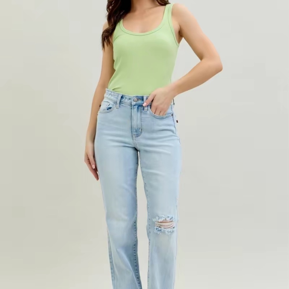 Daisy Judy Blue High Waist Back Slit Straight Leg
Stretch Jeans